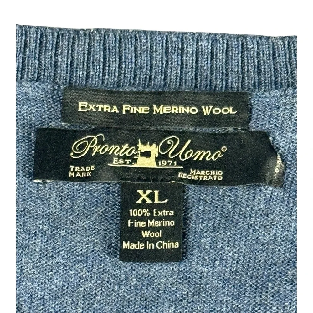 Pronto Uomo Extra Fine Merino Wool Sweater Mens XL Blue V Neck Pullover